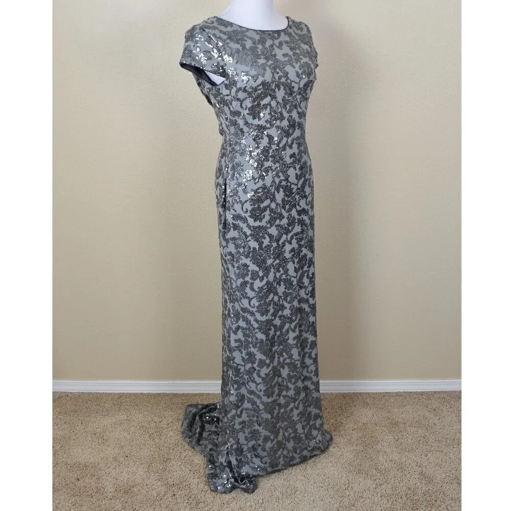 Calvin Klein Silver Sequin Cap Sleeve Backless Long Formal Dress 6 - Picture 8 of 10